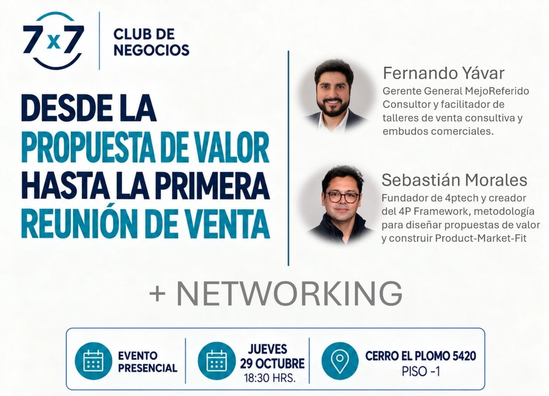 Desde la propuesta de valor hasta la primera reunión de venta — con Fernando Yávar y Sebastián Morales + networking — evento presencial, jueves 29 de octubre, 18:30, Cerro El Plomo 5420 piso -1