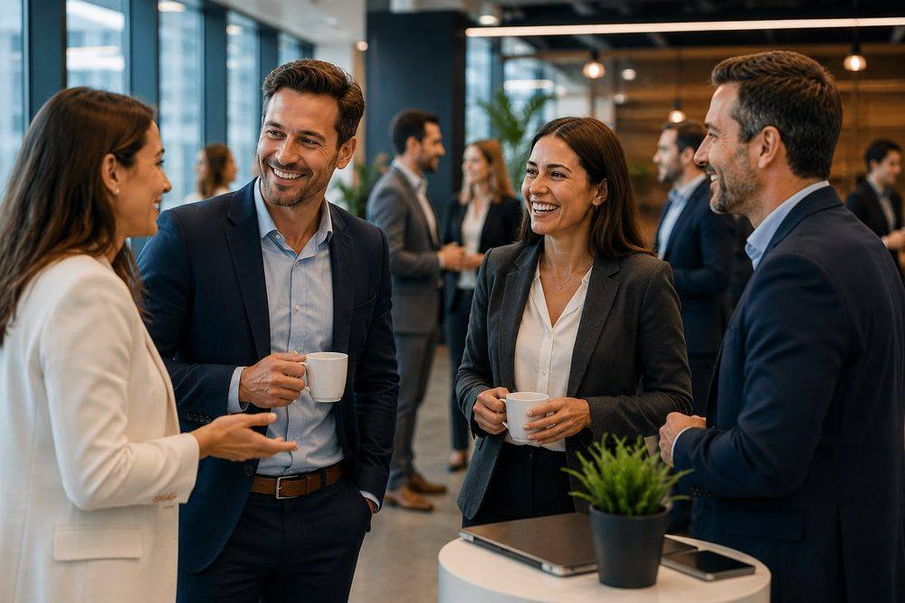 Socios de Red 7x7 conectando en un evento de networking