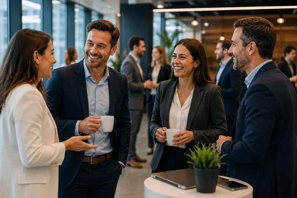 Socios de Club de Negocios 7x7 conectando en un evento de networking